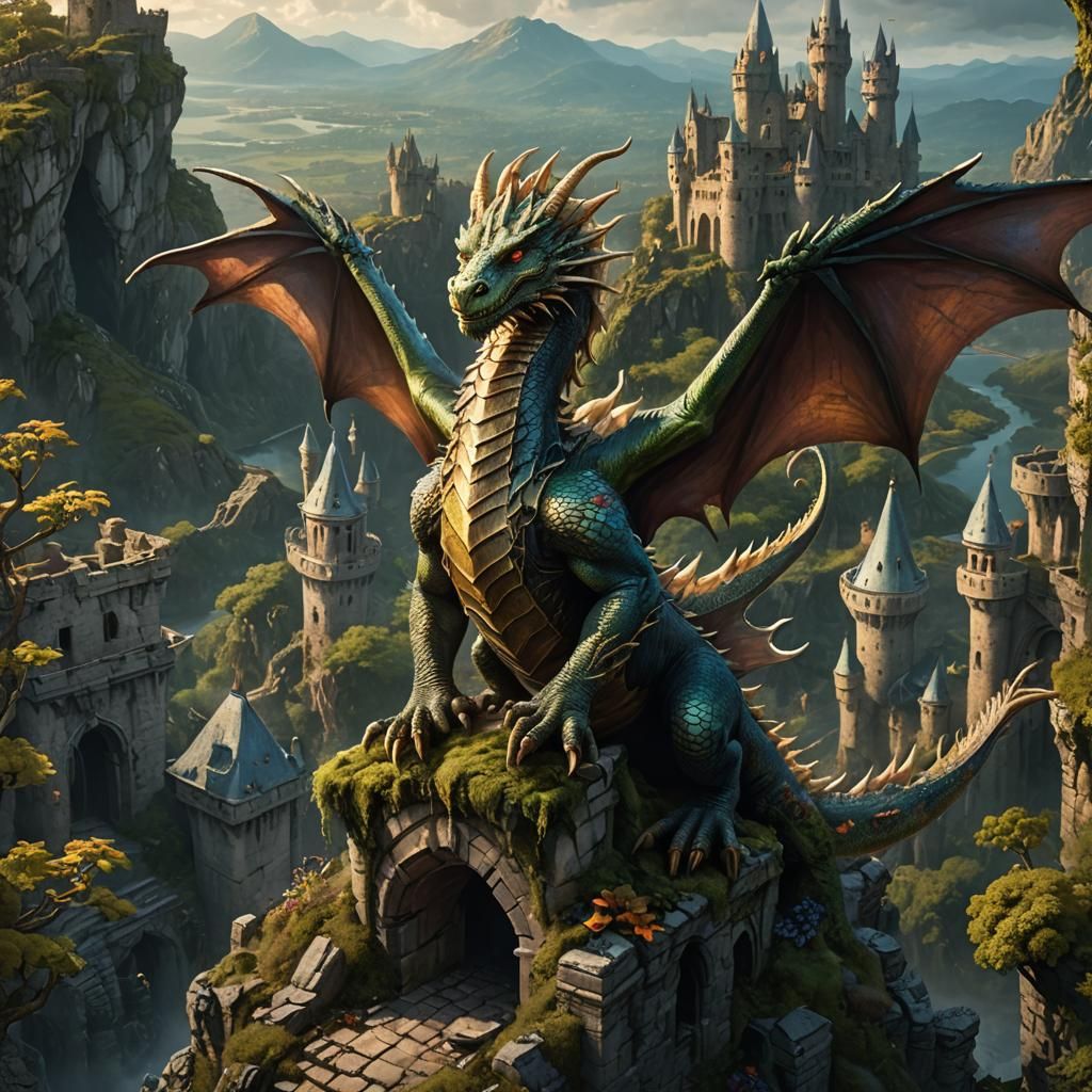 Vhagar Dragon Perched Atop Ruined Castle