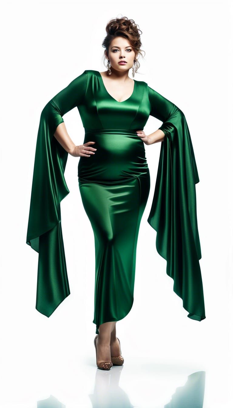 Beautiful Woman in Emerald Green Silk Dress