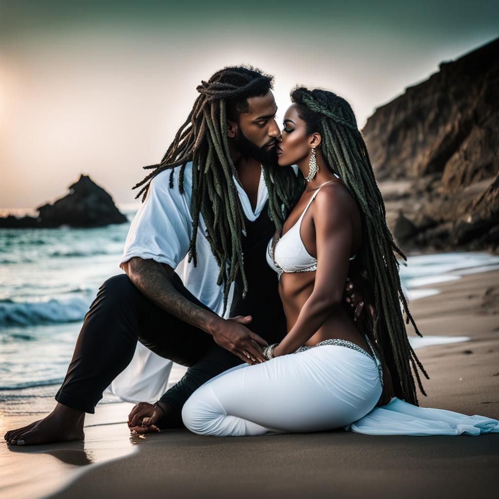 Curvy Woman and Tribal Man Embrace on Beach