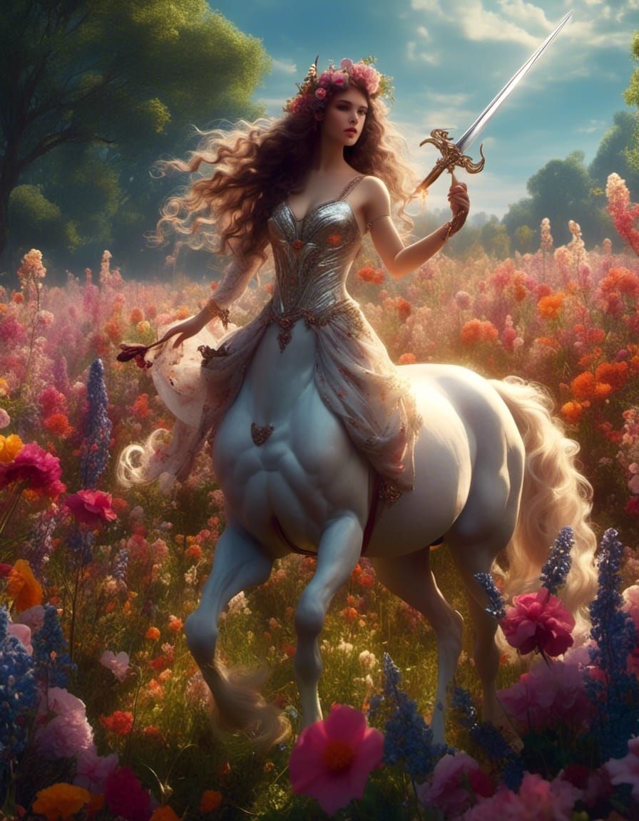 Beautiful Female Centaur with Sword in Flowered Field