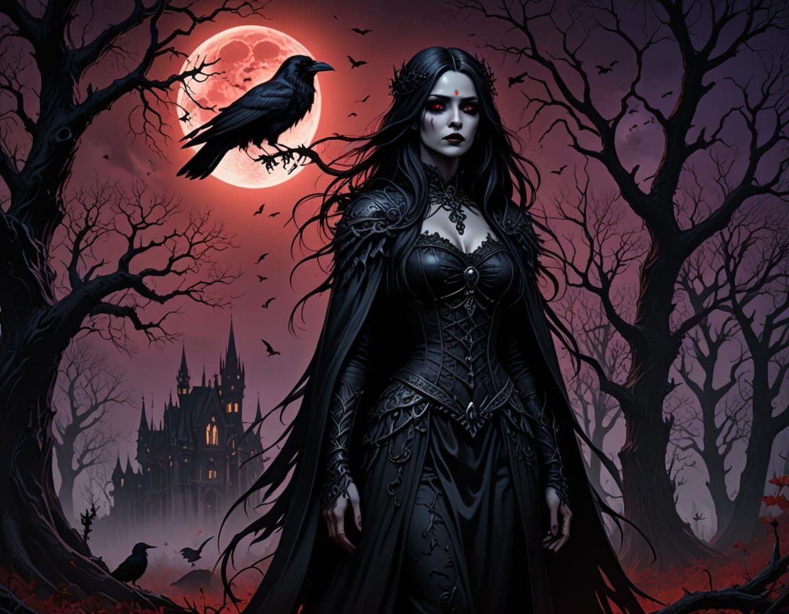 Gothic Raven Queen in Halloween Anime Landscape
