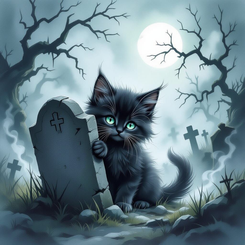Lost Kitten in Foggy Graveyard