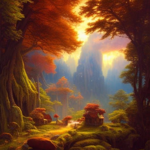 Whimsical Cottage in Forest with Fireflies: Fantasy Art