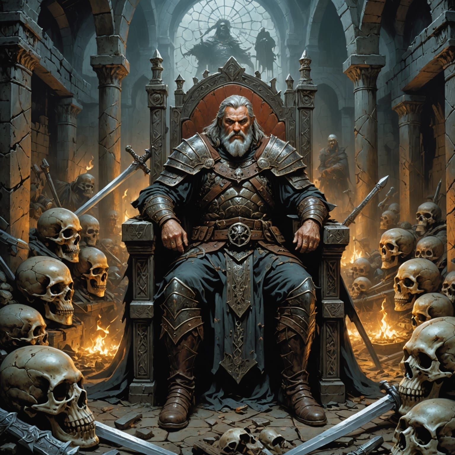 Old Barbarian Warrior on Skull Throne