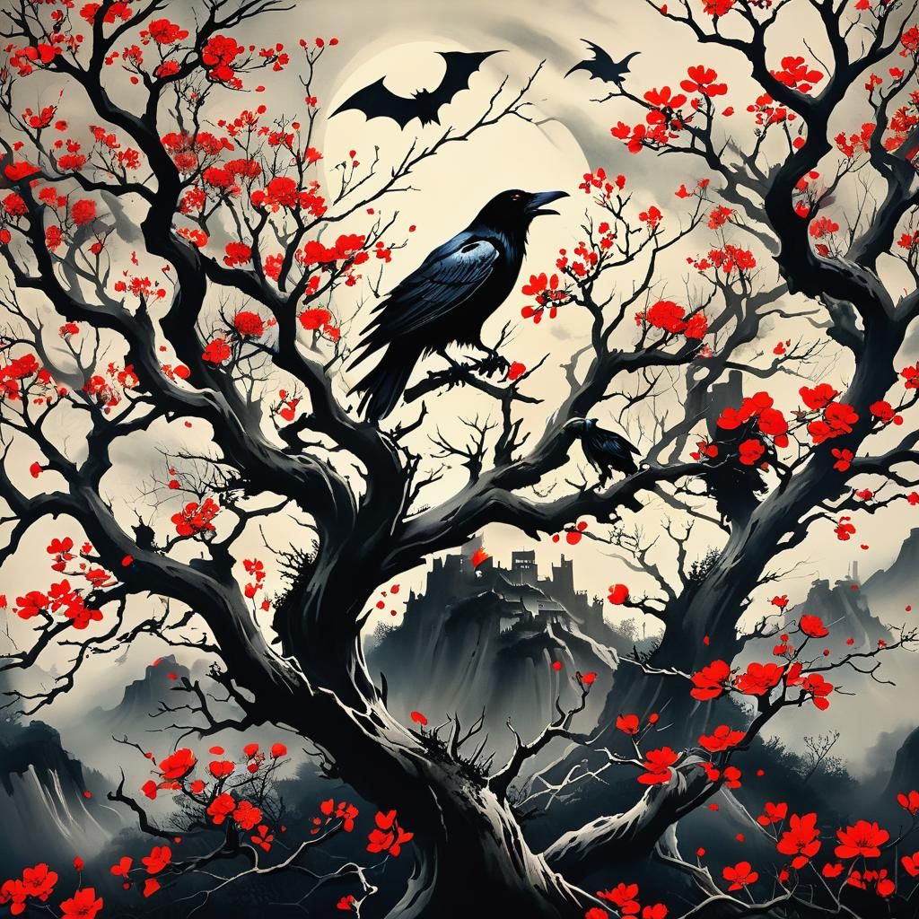 Spooky Atompunk Chinese Ink Painting with Ravens