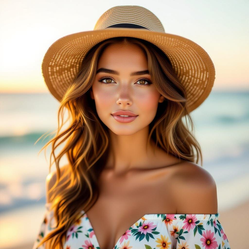 Golden Hour Beach Portrait of a Serene Young Woman