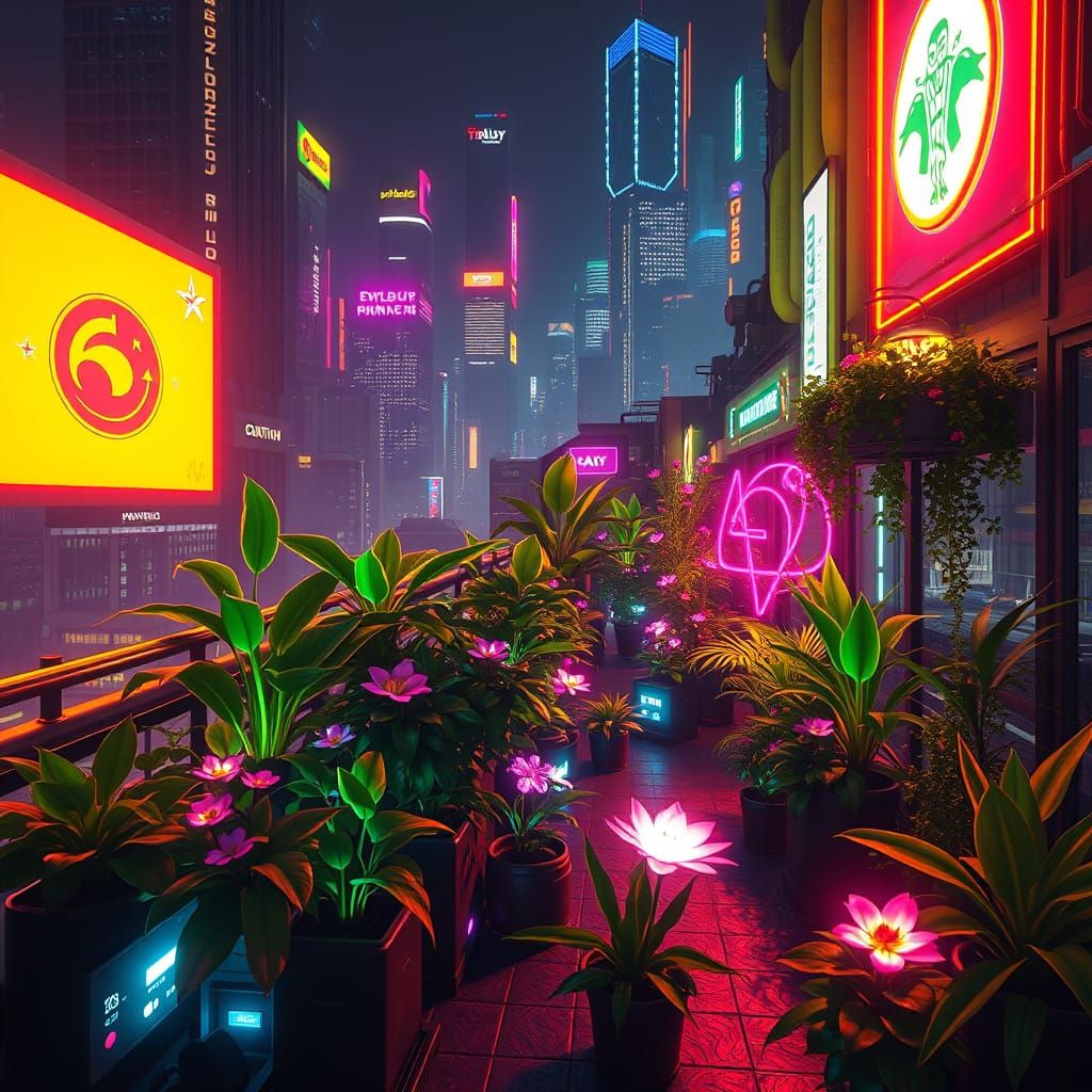 A neon-lit urban rooftop garden thriving in a futuristic cit...