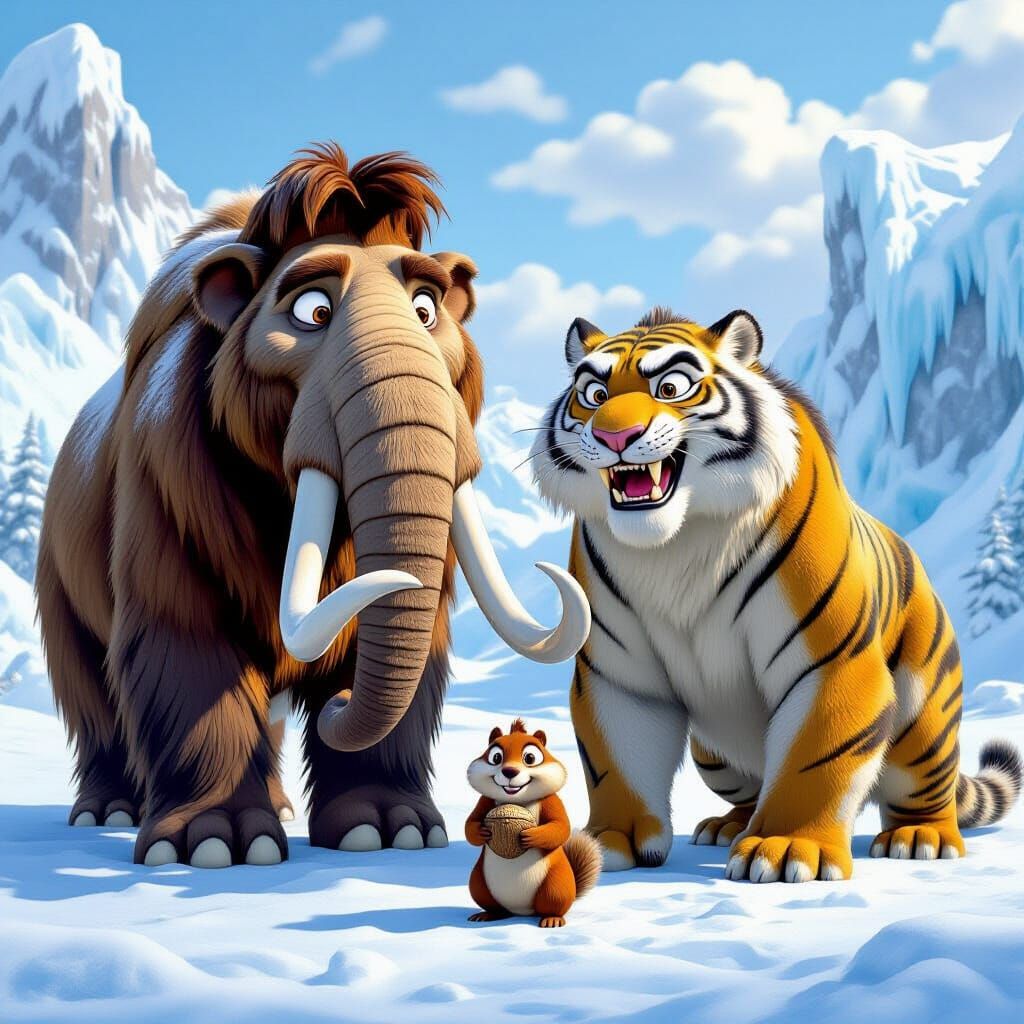 Ice Age Animals in Snowy Landscape: Cinematic Realism