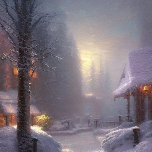 Winter Town with Snowflakes in Ethereal Style
