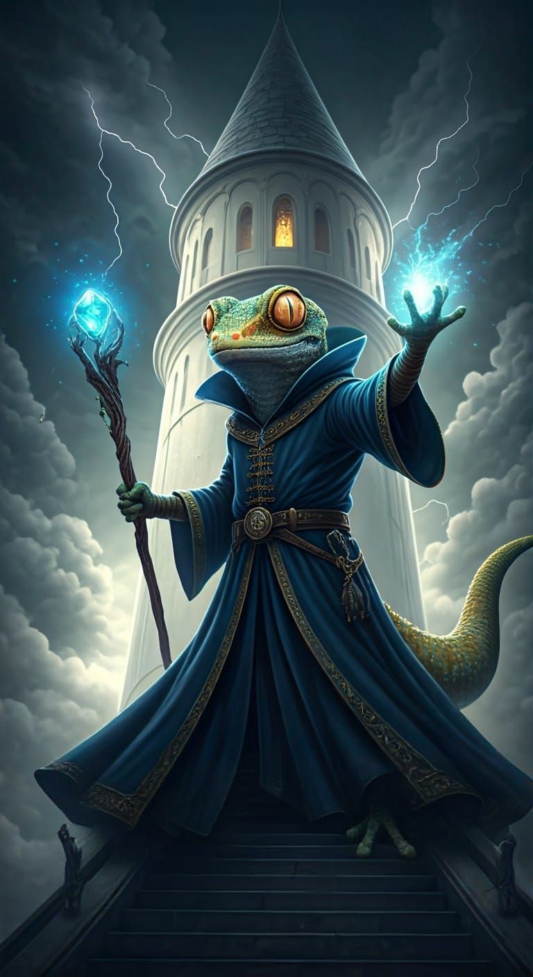 Gecko Mage Unleashing Magic Spell on Tower Terrace
