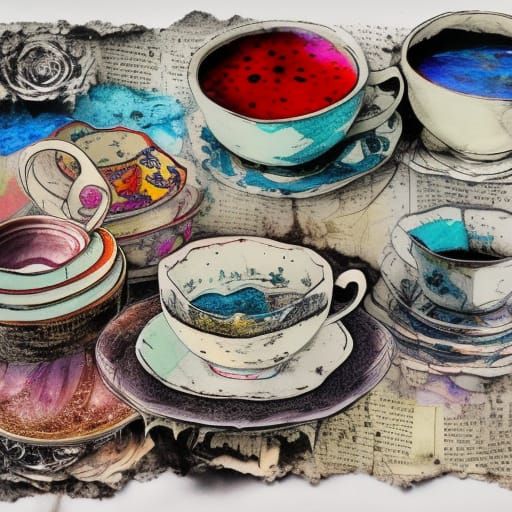 Teacups Collage in Modern Boho Art Style