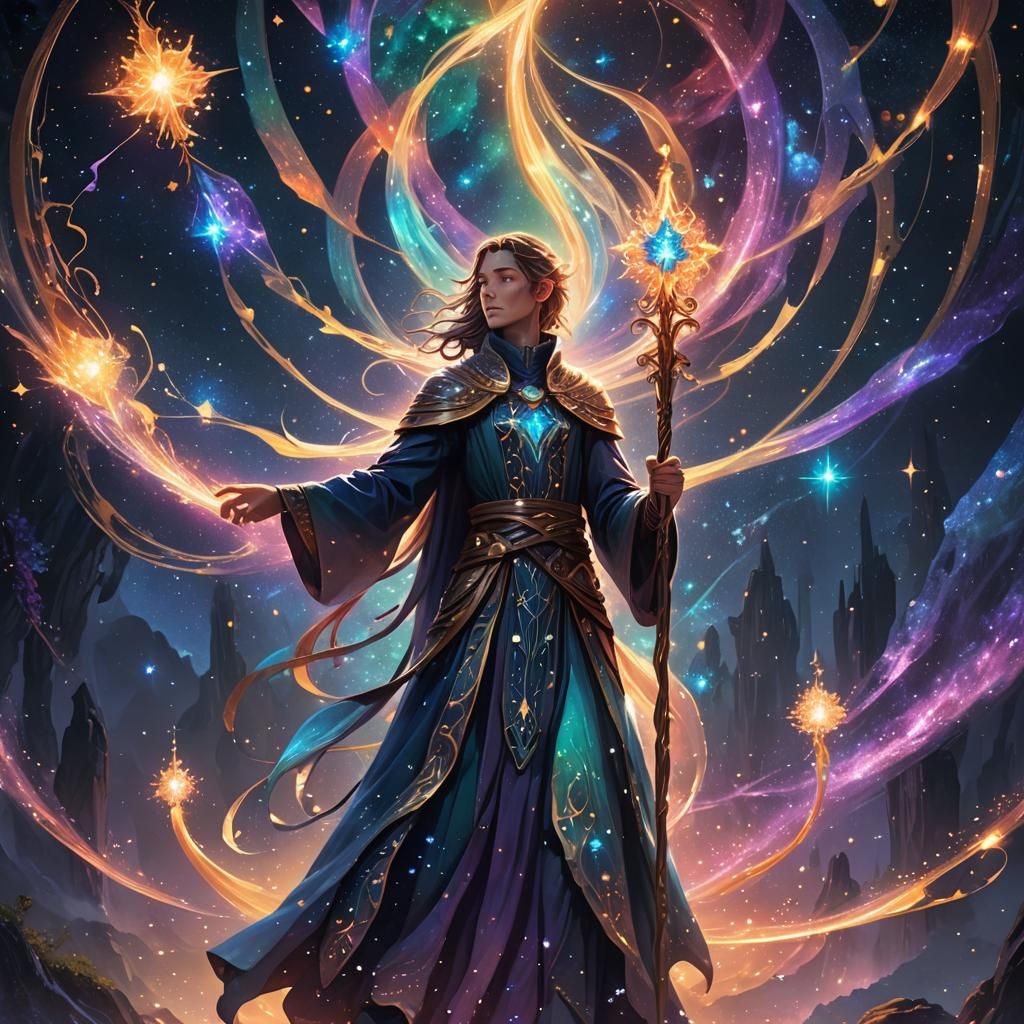 Enchanted Staff in Starry Realm: Vivid Digital Art