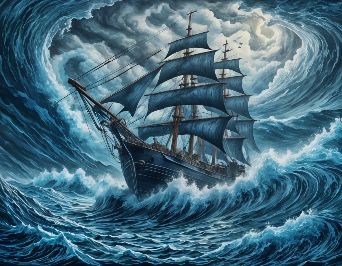 Blue Tempest: Sail Ship Against Stormy Seas