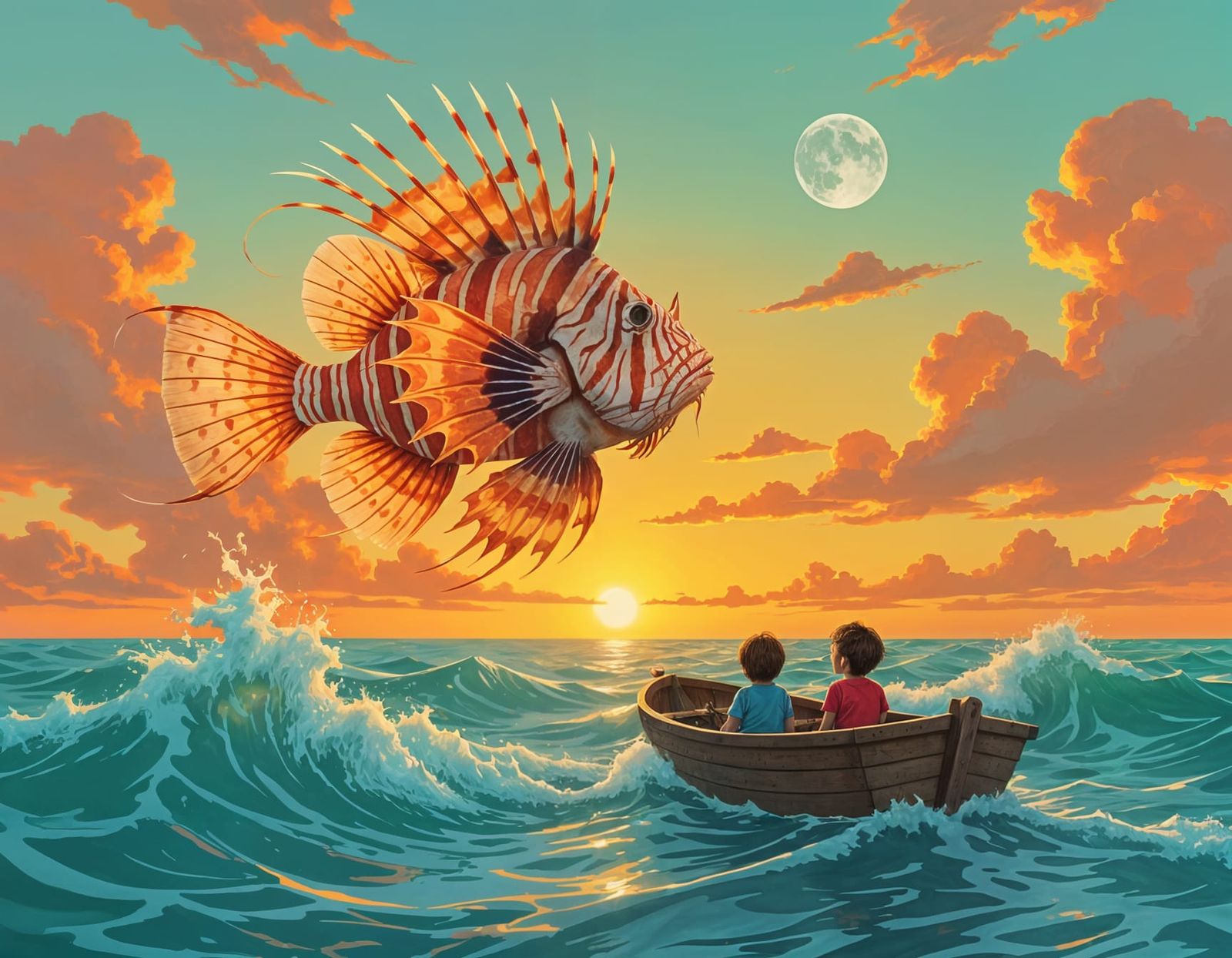 Majestic Lionfish Over Turbulent Sea, Digital Art