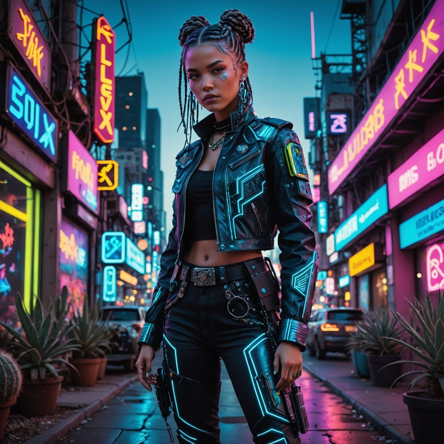 Cyborg Cowgirl in Cyberpunk Metropolis