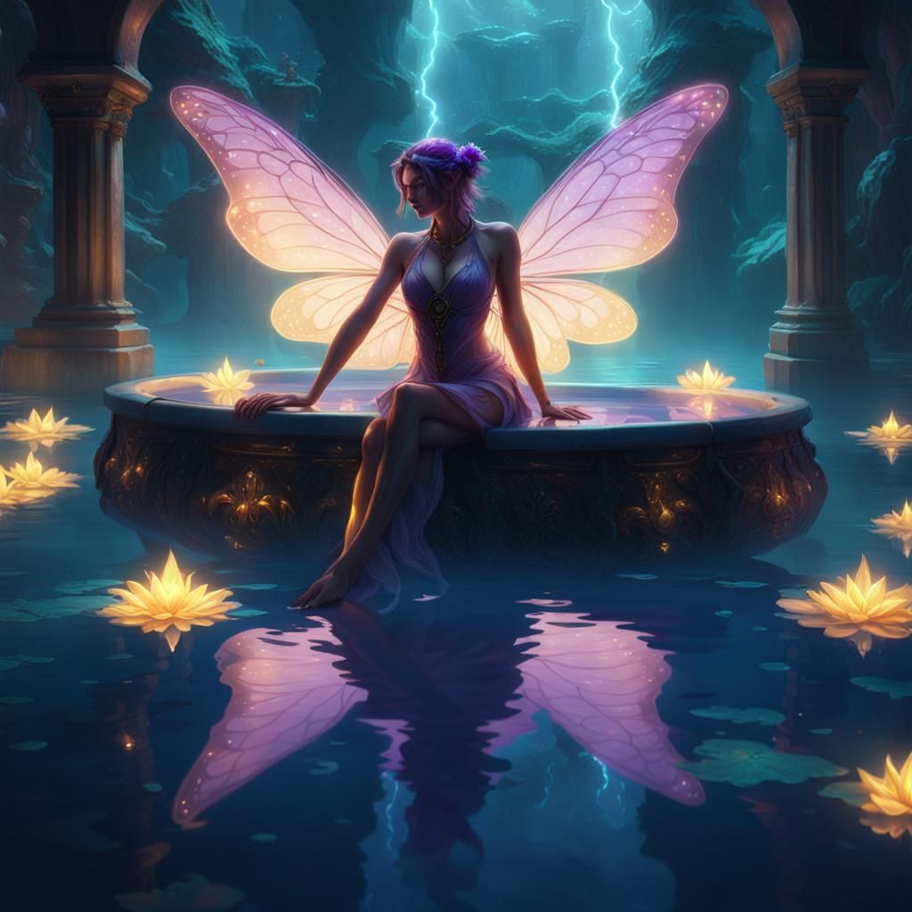 Fairy in Glowing Pool: Dark Fantasy Art