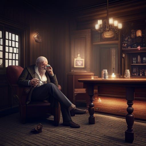 Sad Old Man Drinks Whisky: Detailed Matte Painting