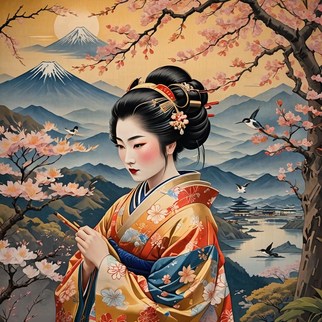 Geisha by Cherry Tree: Ukiyo-e Style Japanese Art