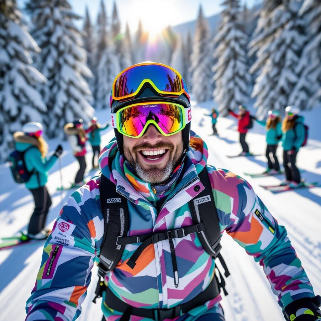 Skier in Neon Retro Gear on Snowy Trail