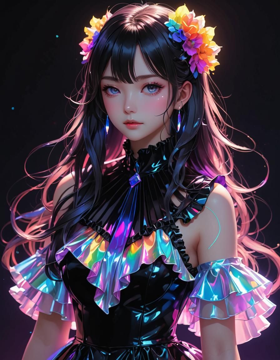 Holographic Anime Figure in Rainbow Watercolour Dress