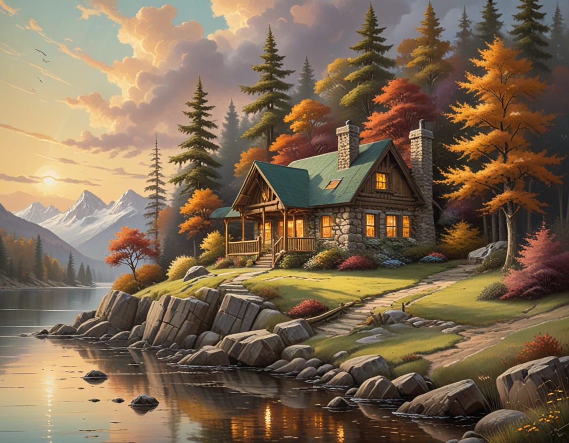 Cozy Autumn Cabin Scene in Traditional Landscape Style