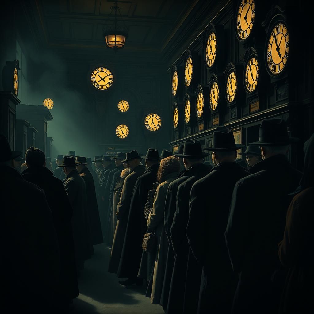 Eerie Queue at Ticket Office, Surrealist Style