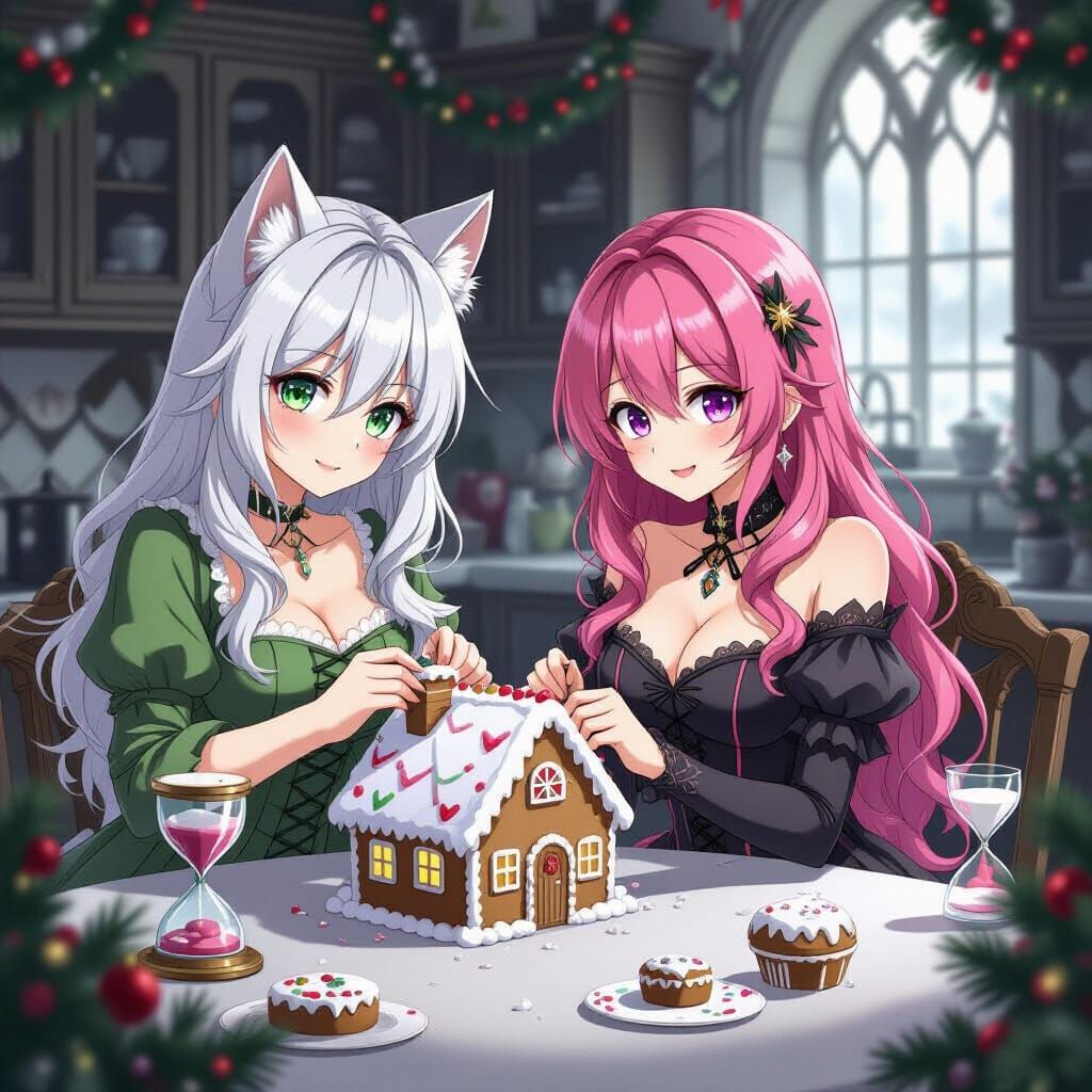 Gothic Christmas Kitchen Scene in Line Art Style