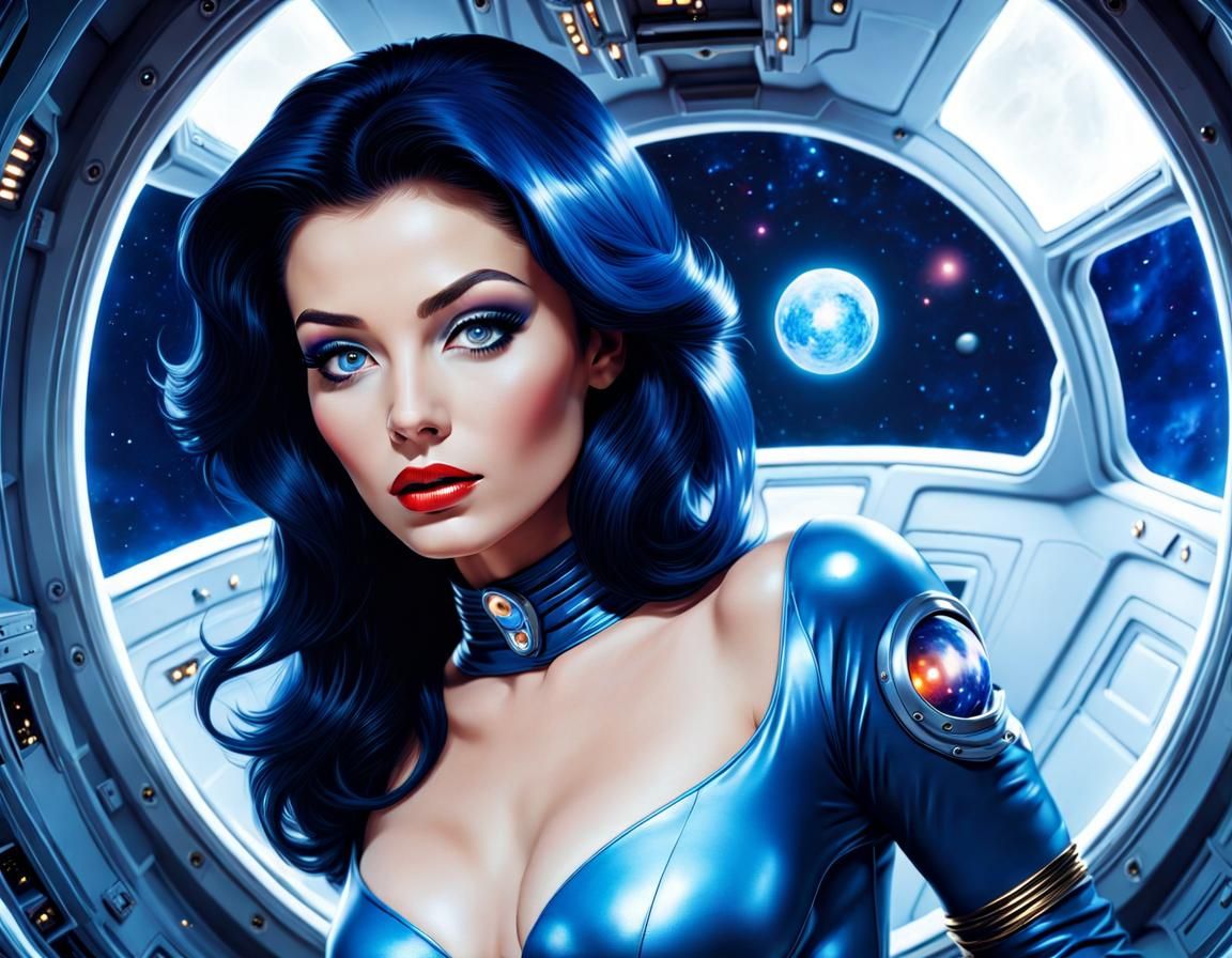 Handsome woman of Interstella 5555 with blue skin in the middle inside a spaceship, digital love in frank frazetta style