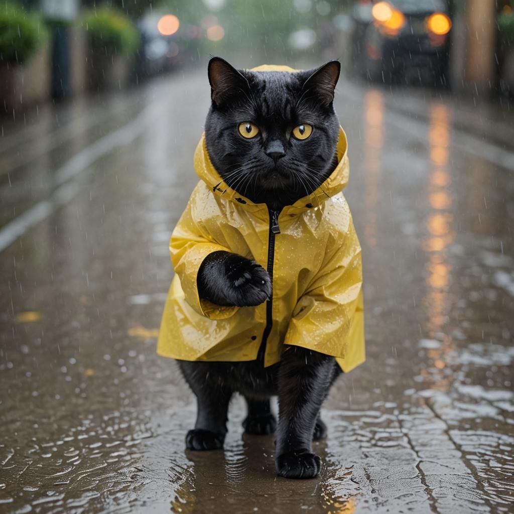 Black British Shorthair Cat in Yellow Raincoat