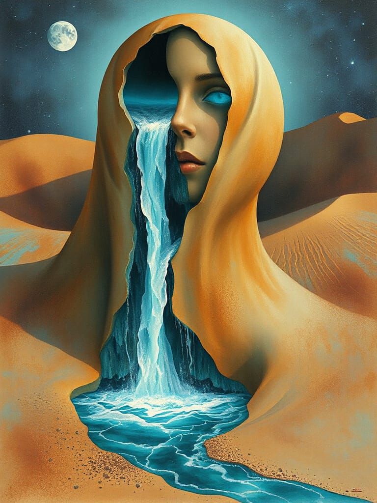 Grieving Mother Tear Waterfall in Surreal Desert