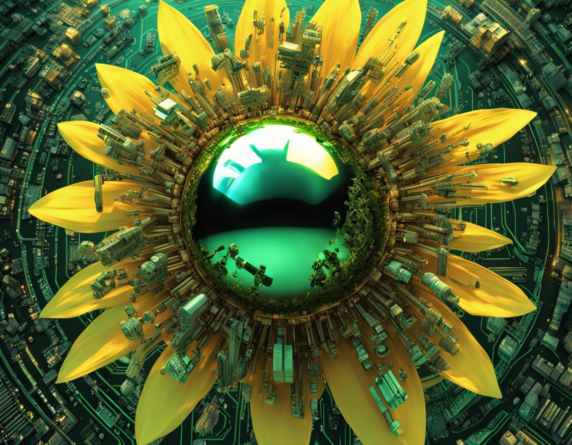 Sunflower Made of Circuit Boards and Binary Code