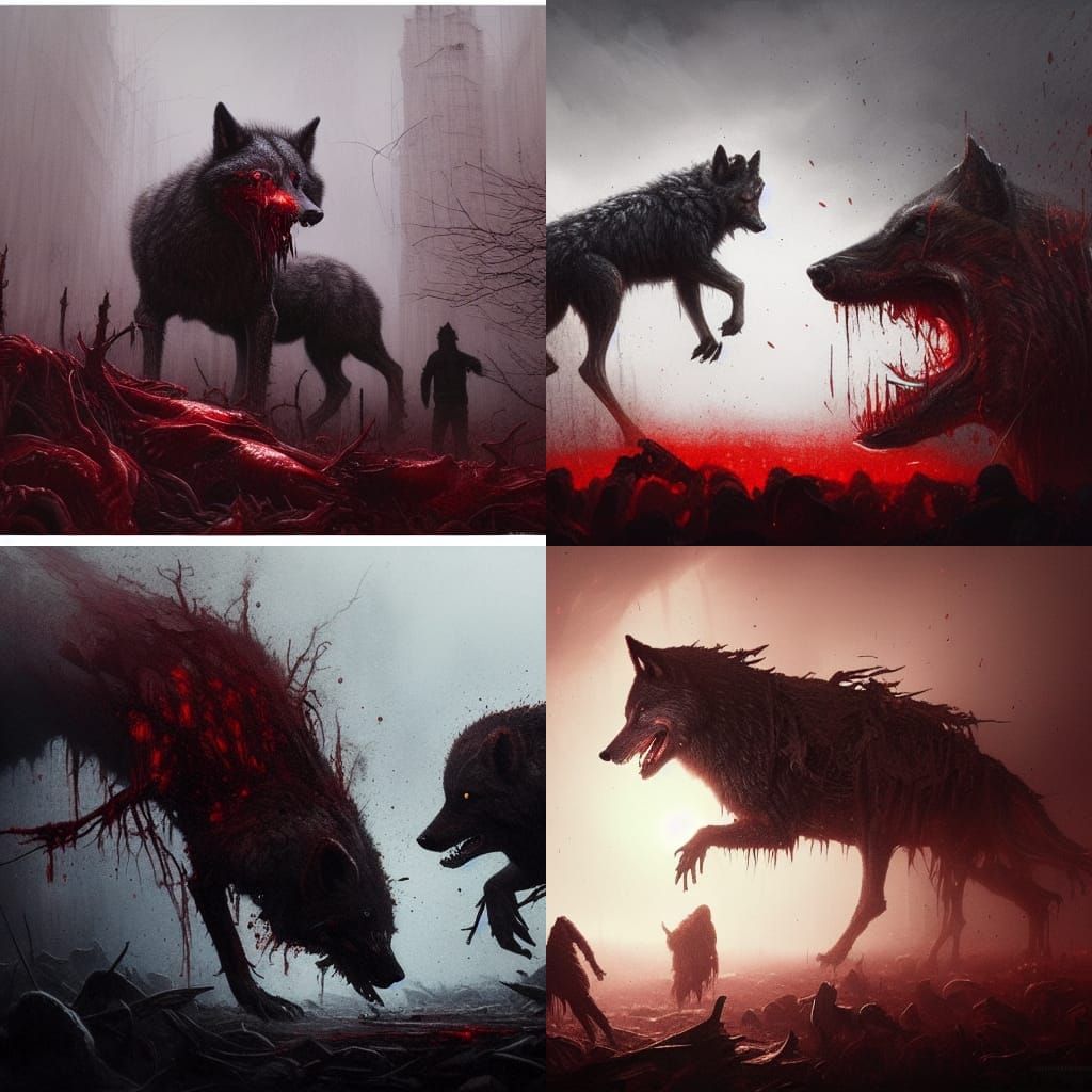 Wolves Feast Under Blood Moon: Dark Fantasy Art