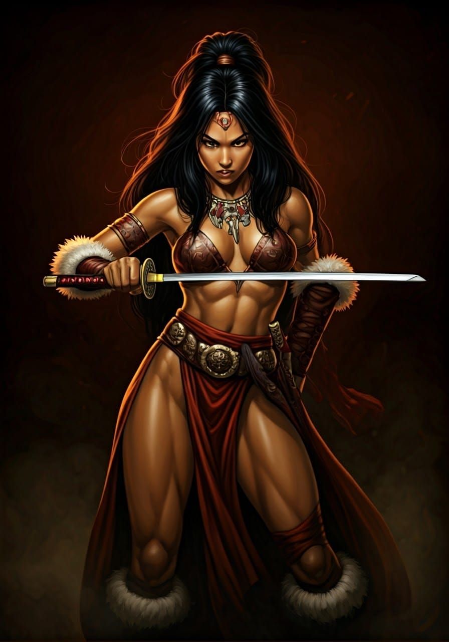 Female Barbarian with Katana in Comic Book Art