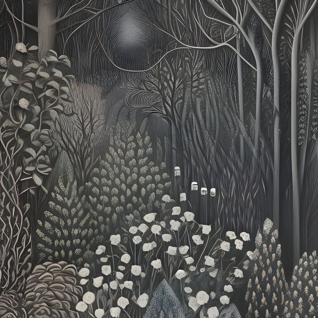 Psychedelic Forest Charcoal Drawing with Optical Illusions