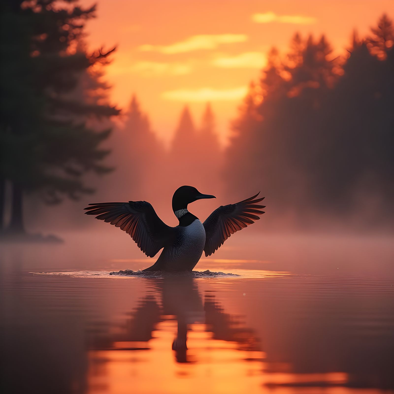 Loon Prepares for Flight on Misty Lake