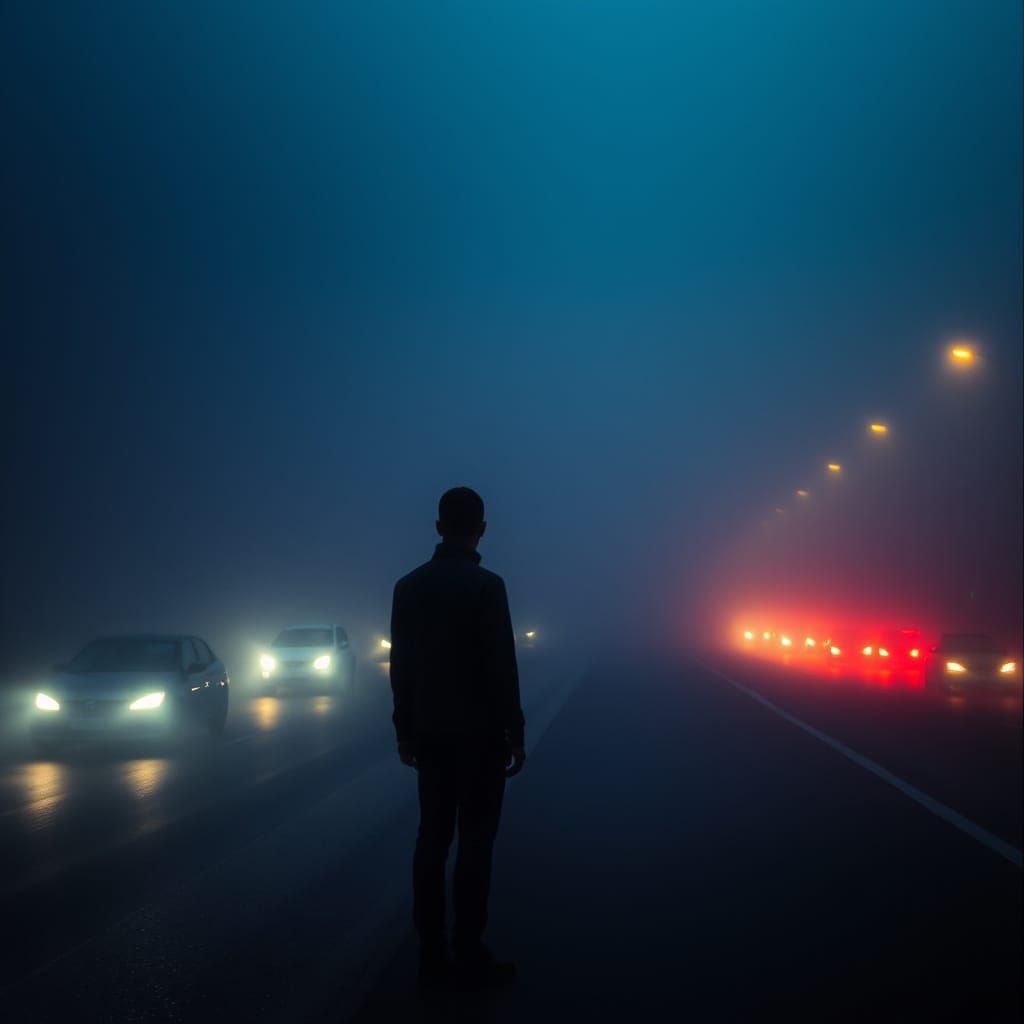 Mysterious Woman in Foggy City Street