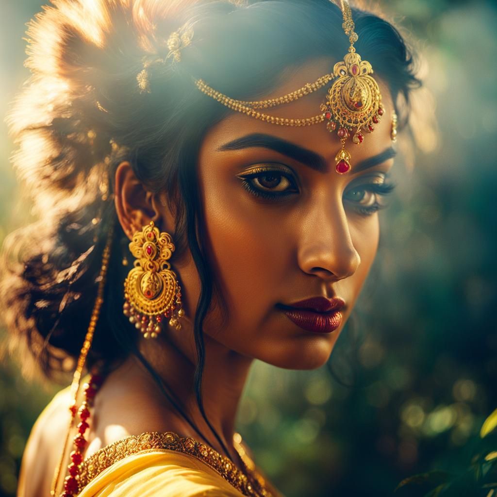 Regal Indian Goddess Poses with Lion in Golden Light