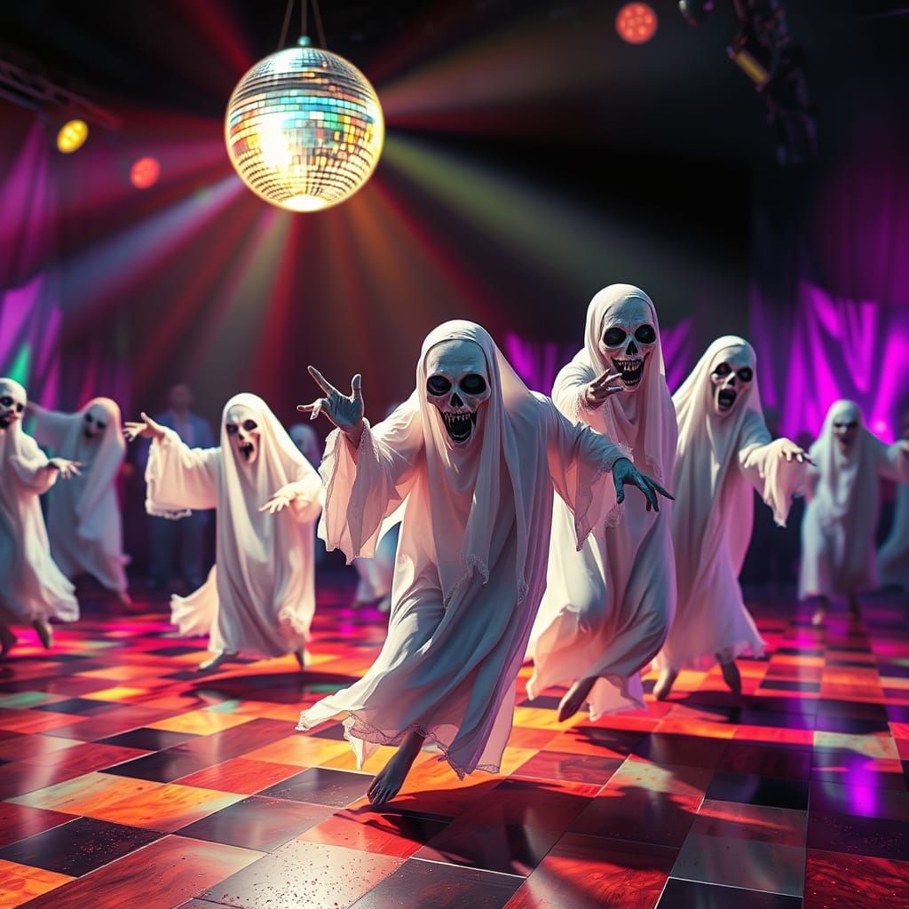 Surreal Disco Ghosts Dancing in a Hyperrealistic Scene
