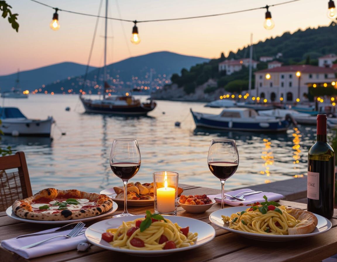 Romantic Seaside Dinner at Sunset with Italian Cuisine