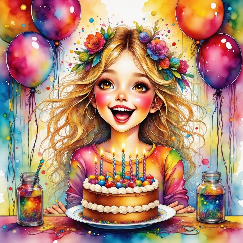 Vibrant Birthday Girl in Whimsical Style