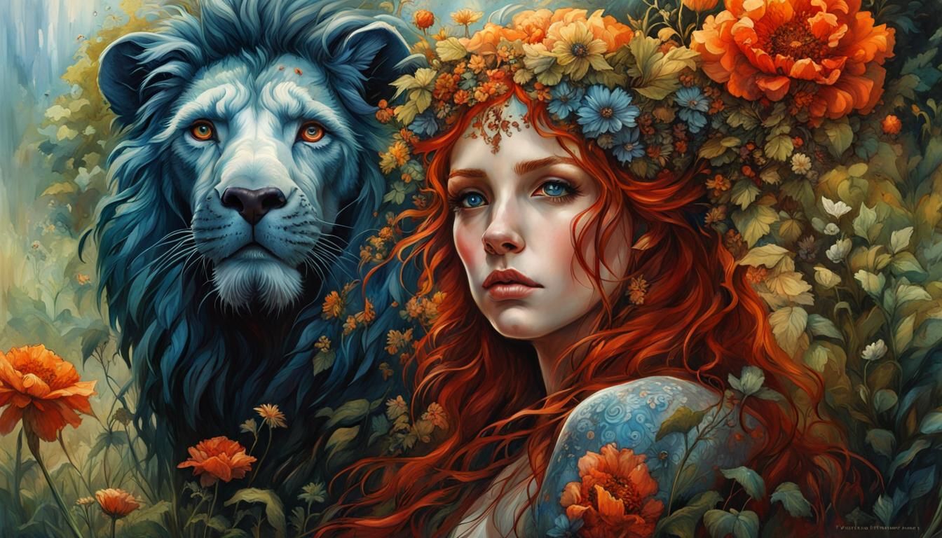 Redhead in Dark Fantasy Garden, Hyperdetailed Art