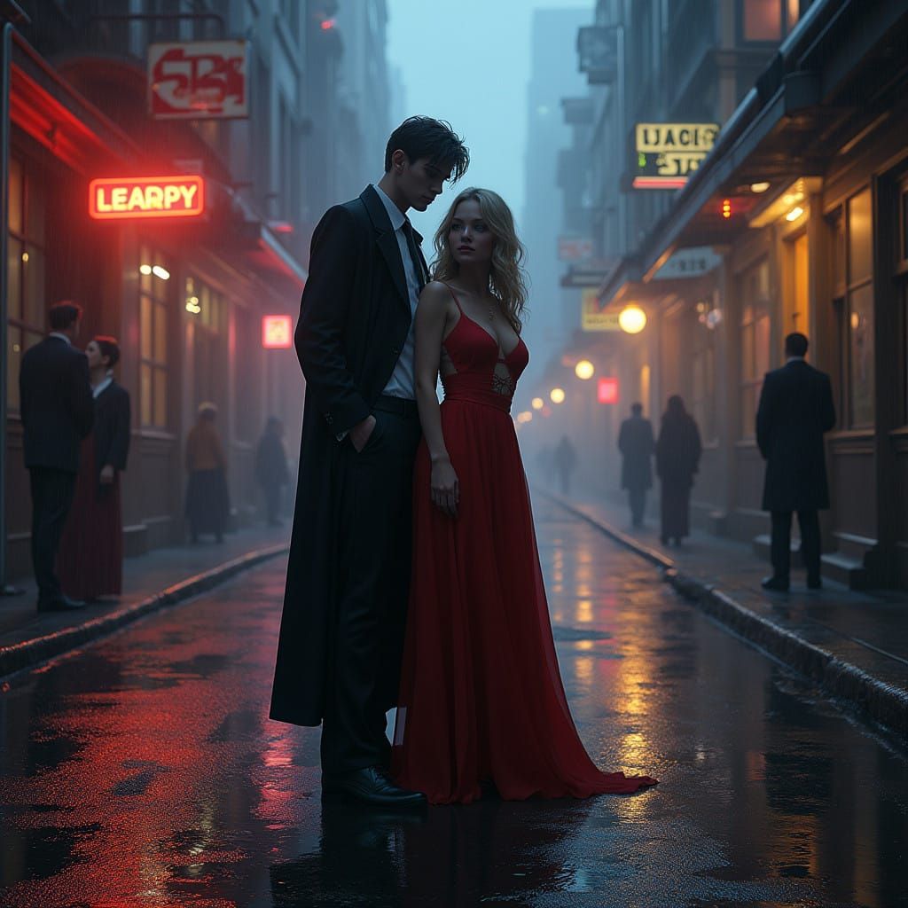 Sultry Noir Femme Fatale in a Rain-Soaked Cityscape, Cyberpu...