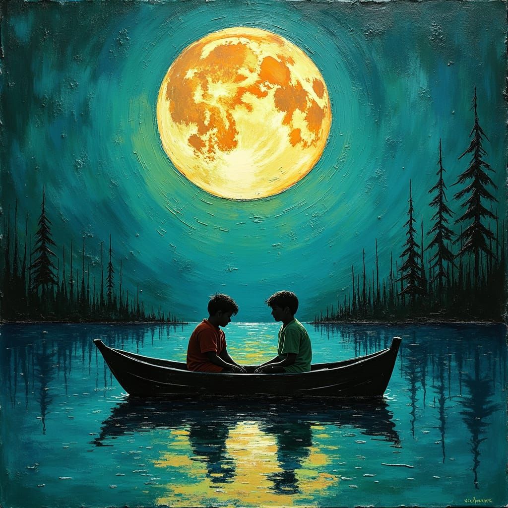 Moonlit Lake Fishing: Art Brut Image of Two Boys