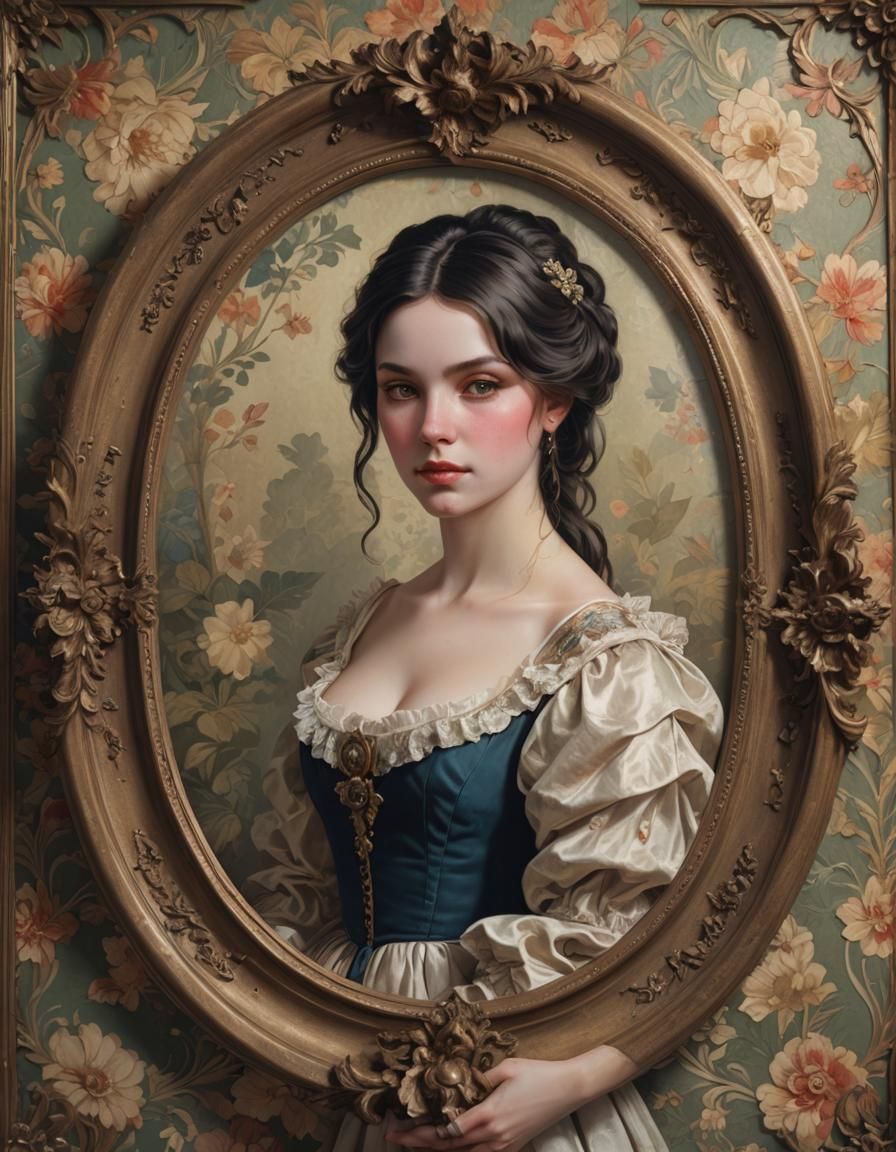 18th Century Woman Portrait with Antique Frame