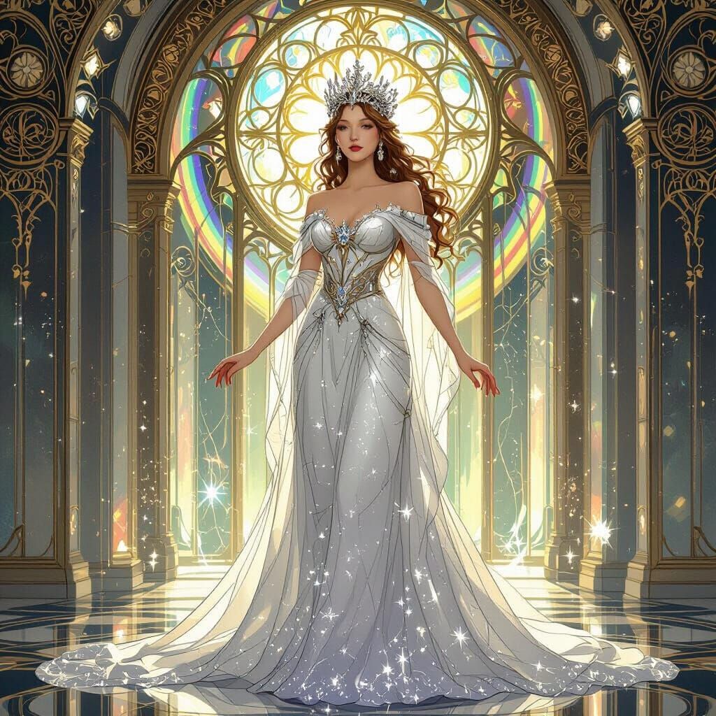 Regal Queen in Shimmering Hall, Art Nouveau Style