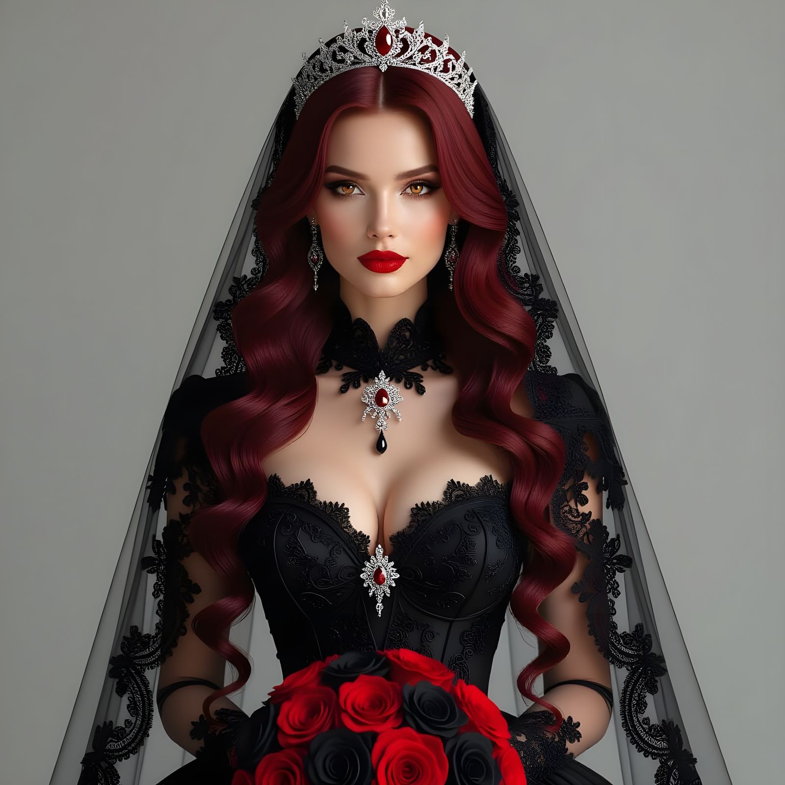Gothic Bride in Black Wedding Gown with Red Hair