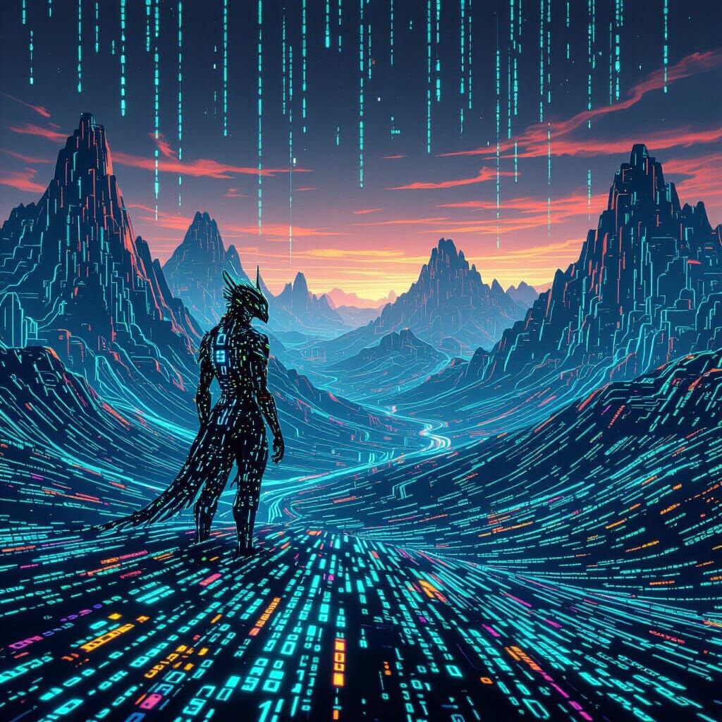 Digital Landscape of Binary Code with Neon Creature