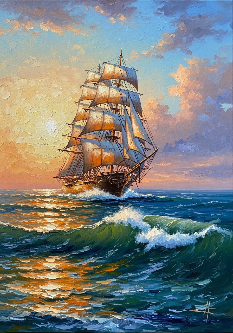 Majestic Tall Ship Sailing on Ocean at Sunset, Oil Painting