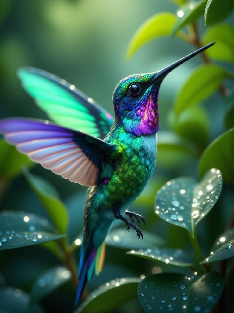 Hummingbird in Flight with Iridescent Plumage