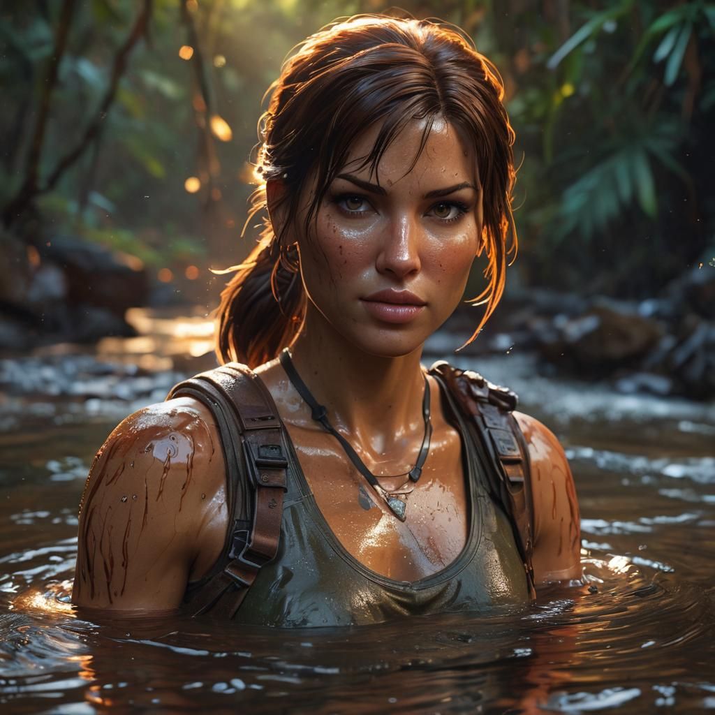 Lara Croft Emerges from River: Anime-Inspired Art